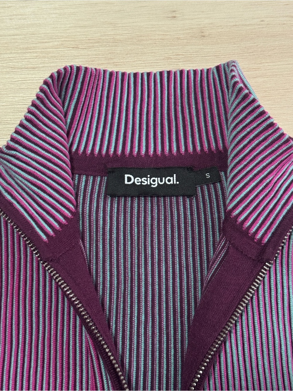 Desigual Ribbed Zip-Up Turtleneck Sweater in Purple and Teal - Picture 8 of 13